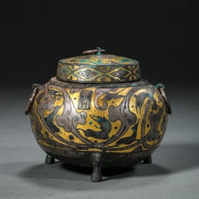 Chinese Warring States Period Gold and Silver Inlaid Tripod Lid Censer with Double Ring Ears