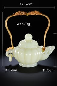 Chinese Qing Dynasty Hetian white jade sheep head handle pot