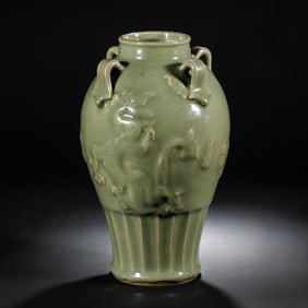 Chinese Yuan Dynasty Longquan celadon four-handled vase