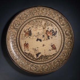 Chinese Northern Song Dynasty Cizhou kiln white ground black flower baby play pattern plate