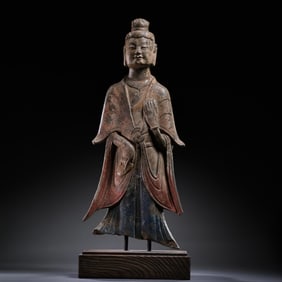 Chinese Northern Wei Dynasty Bluestone Painted Standing Buddha