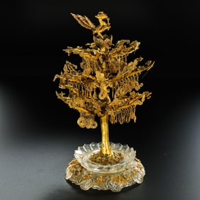 Chinese Tang Dynasty Pure Gold Inlaid Crystal Fortune Tree