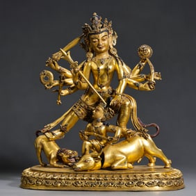 A Chinese Ming Dynasty Gilt Bronze and Gem-Inlaid Standing Buddha