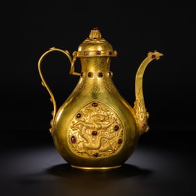 Chinese Ming Dynasty Pure Gold Inlaid Gemstone Ewer