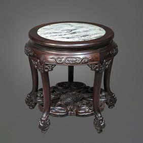 QING DYNASTY ROSEWOOD INLAID MARBLE ROUND TABLE