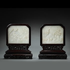 A PAIR OF QING DYNASTY ROSEWOOD INLAID AND WHITE JADE INSERT SCREENS