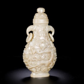 QING DYNASTY HOTAN JADE DRAGON PATTERN DOUBLE RING EAR CAP BOTTLE