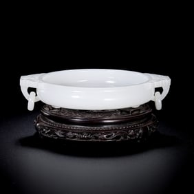 QING DYNASTY HOTAN WHITE JADE DOUBLE RING EAR THREE FOOT FURNACE