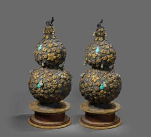 A PAIR OF QING DYNASTY SILVER GILT EMBEDDED MULTI TREASURE GOURD BOTTLES