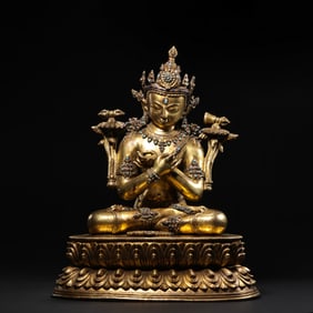 QING DYNASTY GILT BRONZE SEATED BUDDHA INLAID WITH PRECIOUS STONES