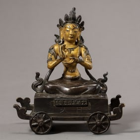 QING DYNASTY QINGLONG PERIOD BRONZE PART GILT SIX BUDDHA STATUES
