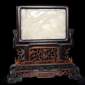 QING DYNASTY ROSEWOOD INLAID AND WHITE JADE INSERT SCREEN