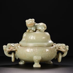 QING DYNASTY HETIAN JADE DOUBLE RING EAR RUI BEAST THREE FEET COVER FURNACE