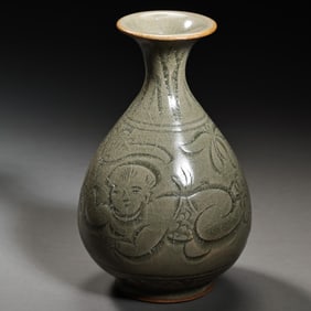 10-12 CENTURIES, YAOZHOU WARE GREEN GLAZE JADE POT SPRING BOTTLE FROM THE NORTHERN SONG DYNASTY