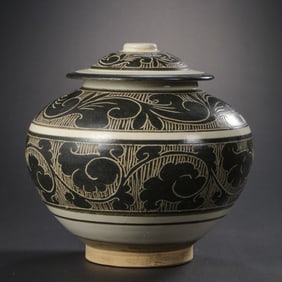 10-12 CENTURIES, NORTHERN SONG DYNASTY CIZHOU WARE PICK FLOWER LID POT