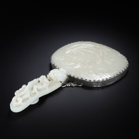 CHINESE QING DYNASTY HETIAN WHITE JADE DRAGON HANDLE MIRROR