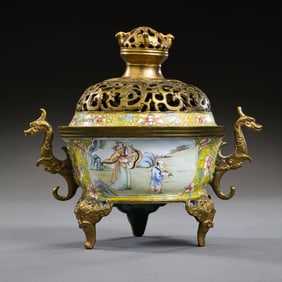 CHINESE QING DYNASTY ENAMEL WINDOW FIGURE STORY PATTERN DOUBLE-HANDLED THREE-LEGGED INCENSE BURNER