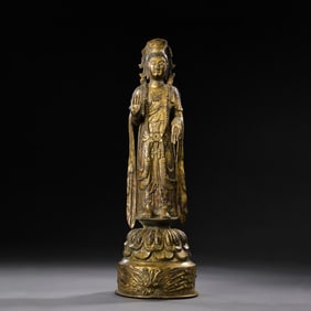 CHINESE MING DYNASTY GILT BRONZE STANDING BUDDHA