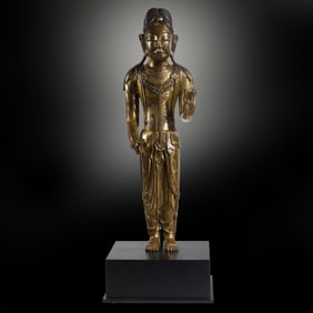 CHINESE MING DYNASTY GILT BRONZE STANDING BUDDHA