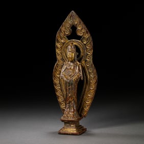 CHINESE LIAO DYNASTY GILT BRONZE STANDING BUDDHA
