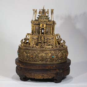 CHINESE QING DYNASTY GILDED BRONZE MANDALA WITH TURQUOISE