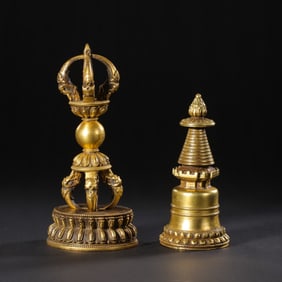 A GROUP OF CHINESE MING DYNASTY GILT-BRONZE BUDDHIST INSTRUMENTS