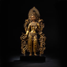 CHINESE MING DYNASTY GILT BRONZE STANDING BUDDHA