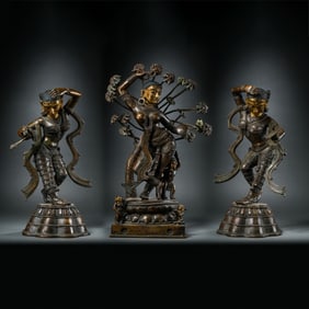 A GROUP OF PARTIALLY GILDED BRONZE BUDDHA STANDING FIGURES FROM THE QING DYNASTY, CHINA