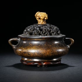 CHINESE MING DYNASTY BRONZE DOUBLE-EARED COPPER FURNACE