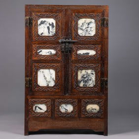 CHINESE HUANGHUALI WOOD INLAID MARBLE CABINET, QING DYNASTY