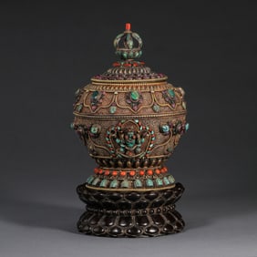 CHINESE QING DYNASTY TIBETAN SILVER JAR WITH GEMSTONES