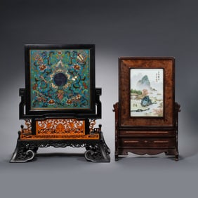 A SET OF CHINESE QING DYNASTY ROSEWOOD INLAID CLOISONNé SCREENS AND HUANGHUALI WOOD INLAID