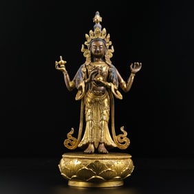 CHINESE QING DYNASTY GILT BRONZE STANDING BUDDHA