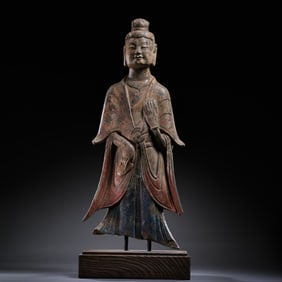 CHINESE NORTHERN WEI DYNASTY BLUESTONE PAINTED STANDING BUDDHA
