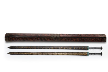 A SET OF CHINESE HAN DYNASTY WOODEN AND GOLD-PAINTED SWORDS