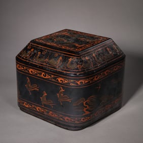 CHINESE HAN DYNASTY PAINTED WOODEN SQUARE LIDDED JAR