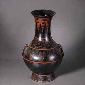 CHINESE HAN DYNASTY WOODEN PAINTED DOUBLE-HEADED LONG-NECKED FLASK
