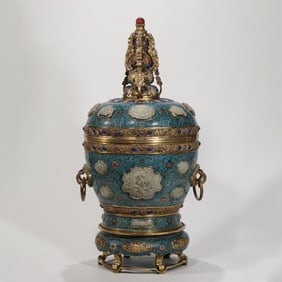CHINESE QING DYNASTY CLOISONNE INLAID HETIAN WHITE JADE DOUBLE-RING EAR COVERED STOVE