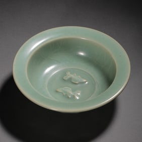 CHINA SOUTHERN SONG DYNASTY 3 LONGQUAN KILN GREEN GLAZE DOUBLE FISH FOLDED RIM WASHBASIN