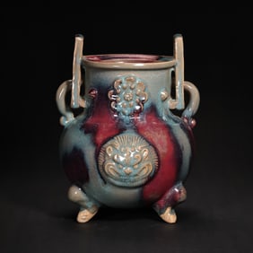 CHINA NORTHERN SONG DYNASTY JUN KILN SKY BLUE GLAZE HANGING RED DOUBLE HANDLE TRIPOD CENSER
