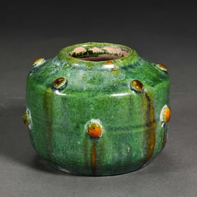 CHINESE TANG DYNASTY SANCAI GREEN GLAZE DRUM NAIL JAR