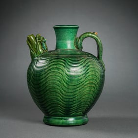 CHINESE TANG DYNASTY GREEN GLAZE DRAGON HANDLE POT