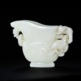 CHINESE QING DYNASTY HETIAN WHITE JADE GOBLET WITH RING EARS