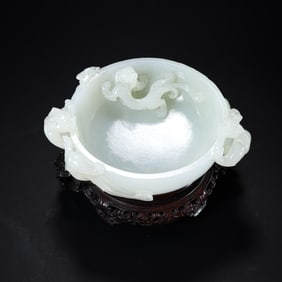 CHINESE QING DYNASTY HETIAN WHITE JADE DRAGON WASH BASIN