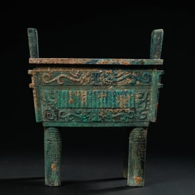 CHINESE SHANG AND ZHOU DYNASTY SQUARE DING WITH ANIMAL FACE PATTERN