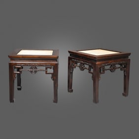 A PAIR OF CHINESE QING DYNASTY HUANGHUALI WOOD INLAID MARBLE SQUARE TABLES