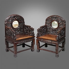 PAIR OF CHINESE QING DYNASTY ROSEWOOD ARMCHAIRS WITH JADE AND DRAGON PATTERNS