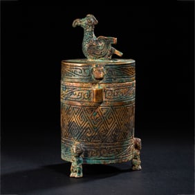 CHINESE HAN DYNASTY GILDED BRONZE TRIPOD CENSER WITH COVER