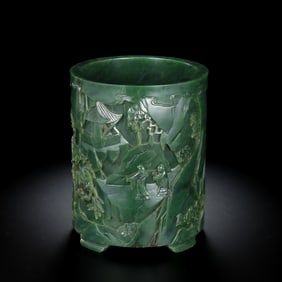 CHINESE QING DYNASTY HETIAN JADE CARVED BRUSH HOLDER