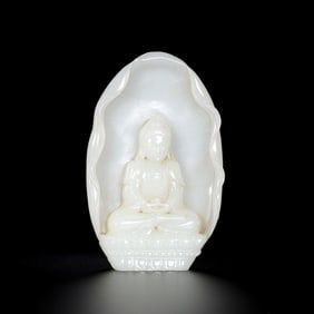 CHINESE QING DYNASTY HETIAN WHITE JADE SEATED BUDDHA